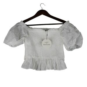 Lost + Wander Womens S Cottagecore Top White Smocked Peplum Blouse Puff Sleeve‎